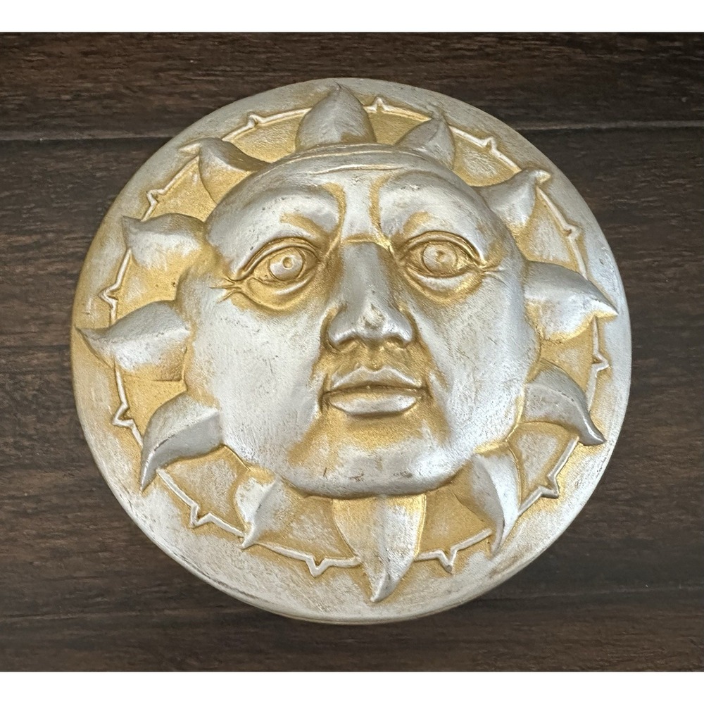 Vintage 90s Celestial Sun Face Jewelry Trinket Box Lidded 3D Bohemian Korea 5"